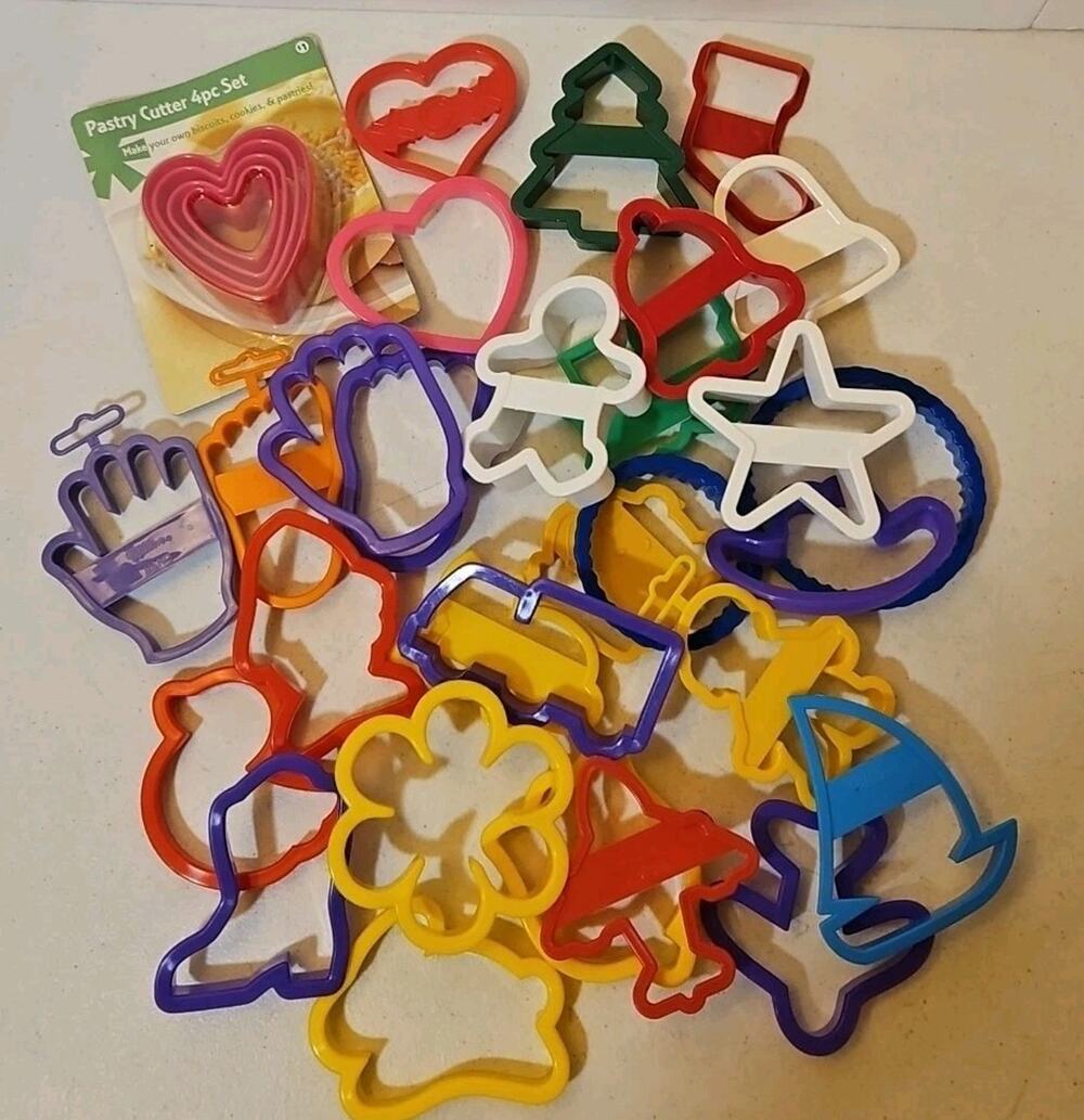 Assorted Lot Of Plastic Cookie Cutters fun shapes for baking & crafts